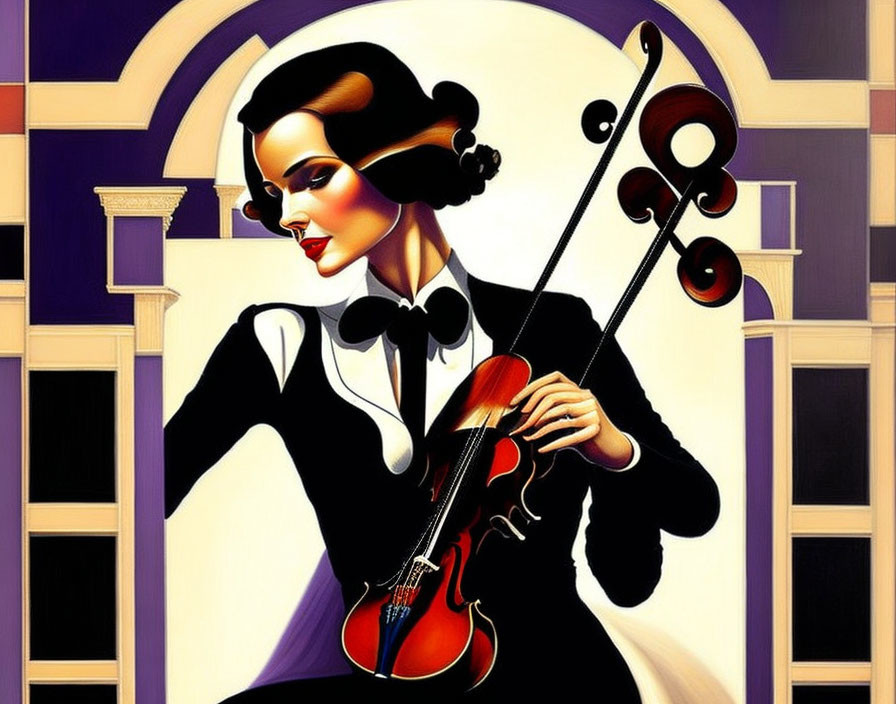 Vintage Hairstyle Woman Holding Violin in Purple Arch Backdrop