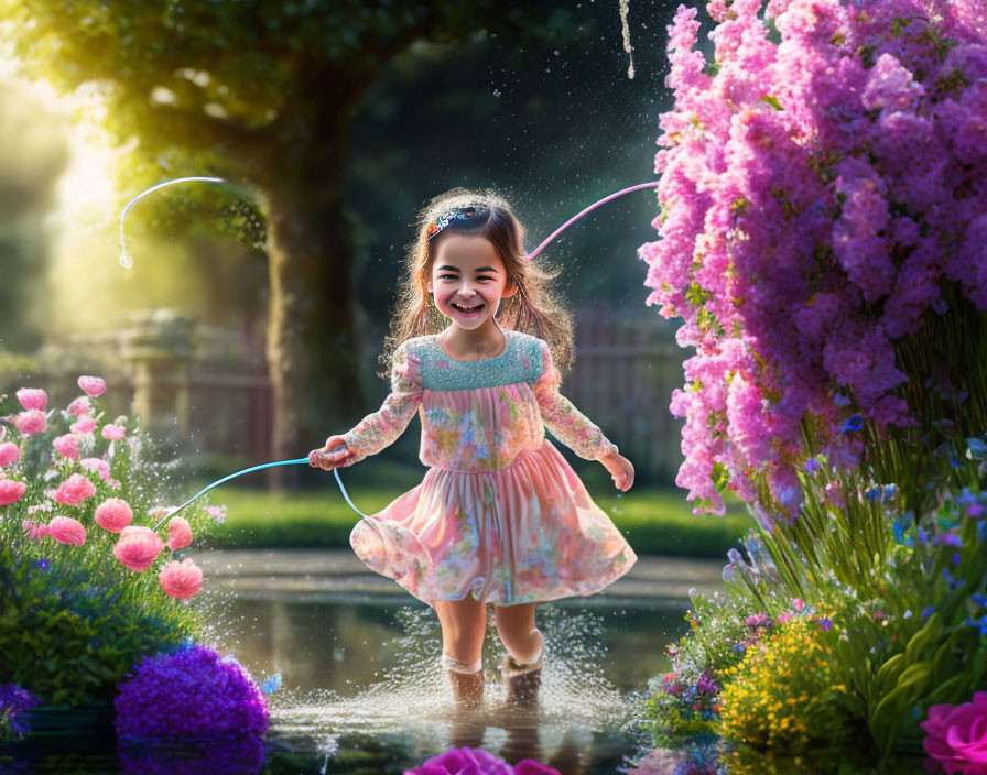 Child playing with bubble wand in colorful garden full of flowers