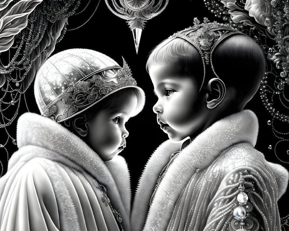 Monochrome digital artwork of two children in ornate regal costumes