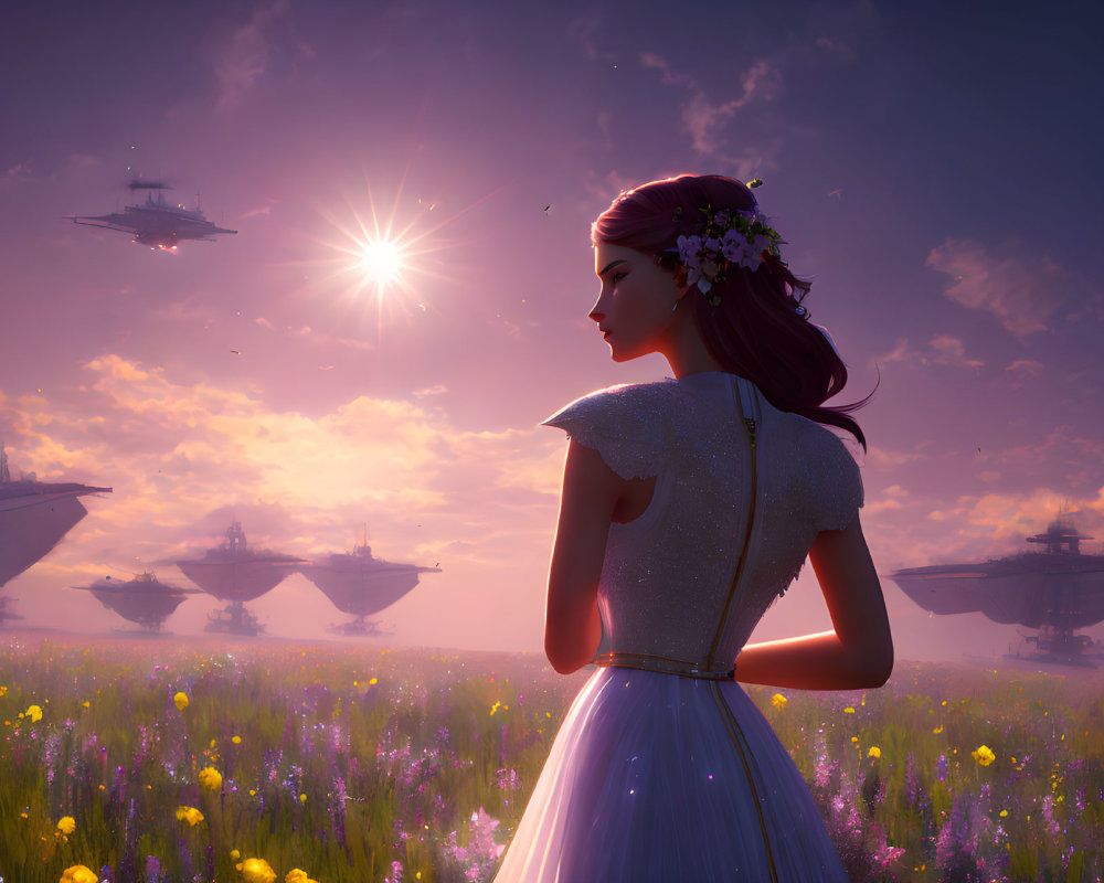 Woman in white dress with floral headpiece gazes at futuristic flying ships over purple flower field