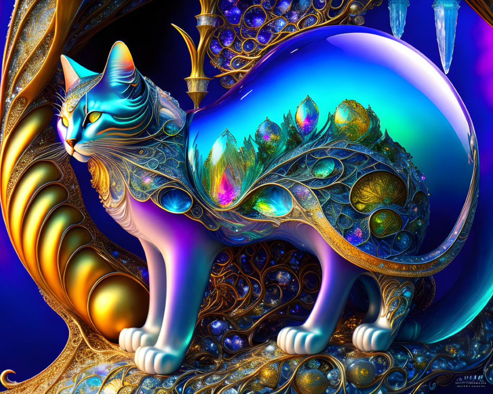 Colorful digital artwork: Stylized cat with cityscape and intricate patterns