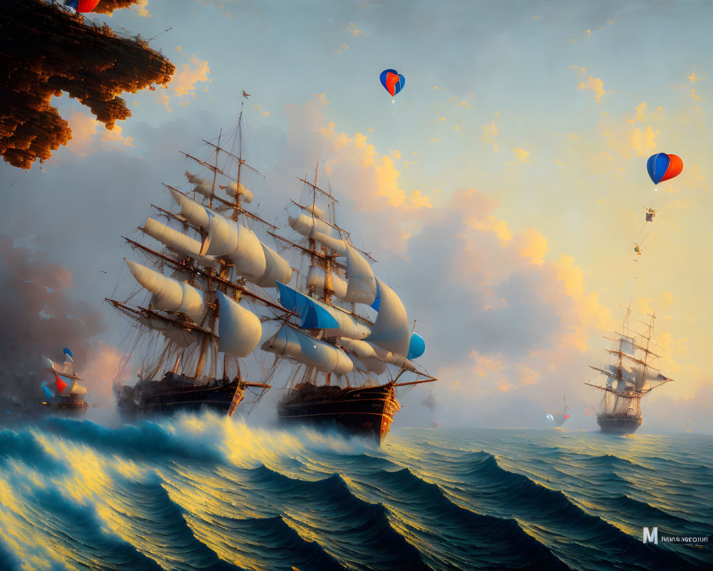 Sailing ships and hot air balloons on wavy ocean at sunset