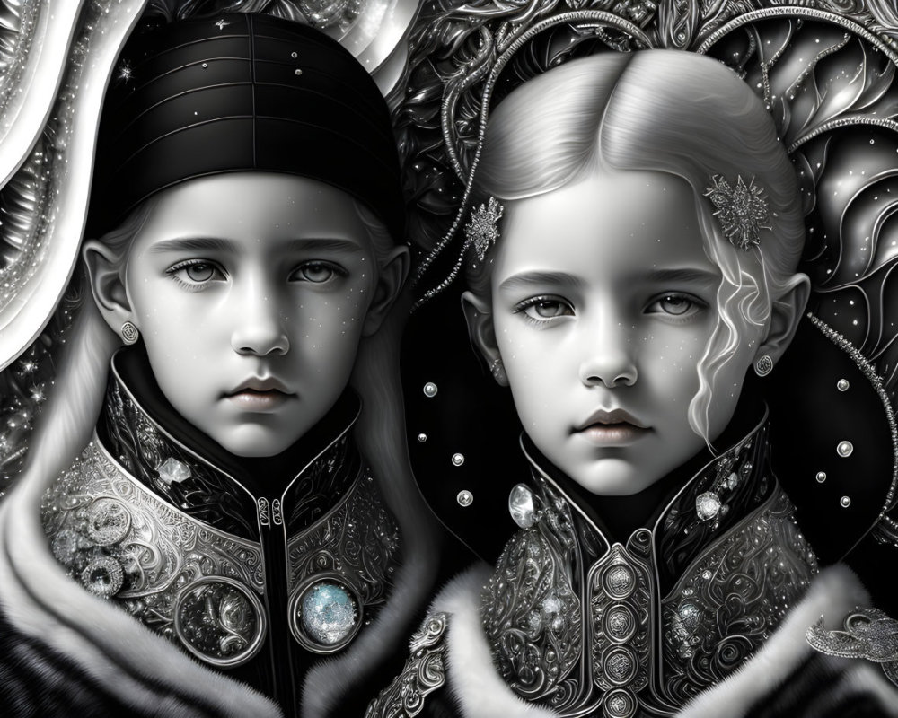 Children in intricate fantasy costumes with silver designs and gemstones in monochromatic setting