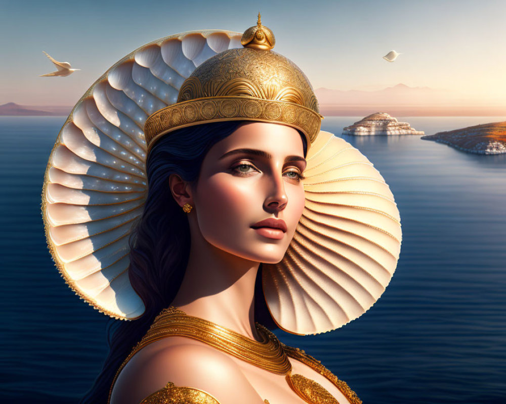 Digital artwork of woman in golden headpiece and armor by serene ocean.