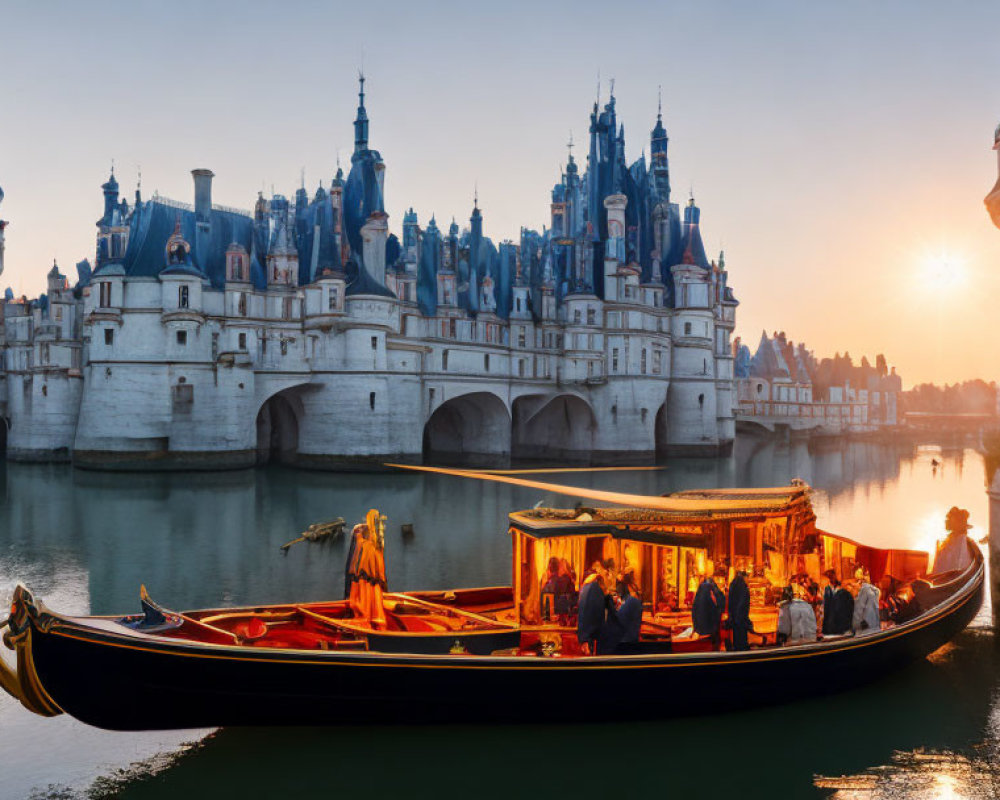 Boat with passengers on river at sunset near Château de Chambord