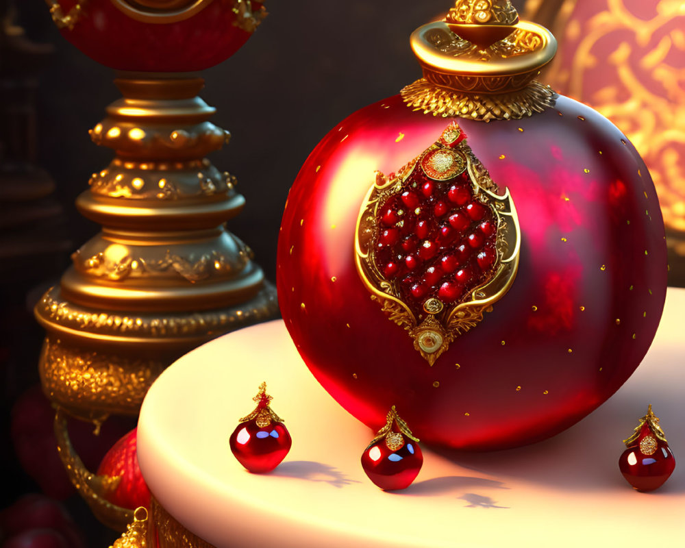 Luxurious Red and Gold Christmas Bauble with Intricate Designs on Festive Background