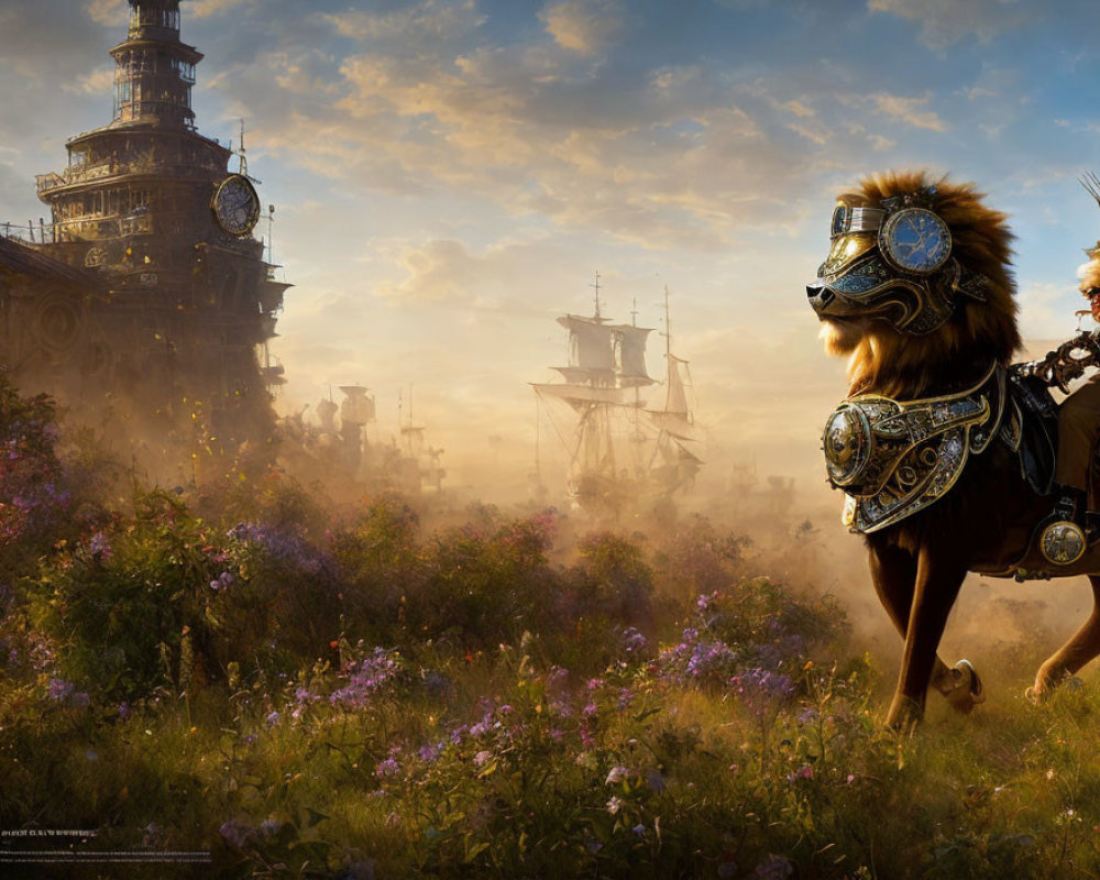Fantasy scene: Lion in armor with person, floating ships, and tall tower