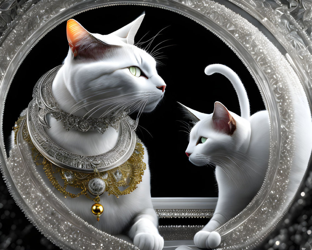 Elegant White Cats with Gold and Silver Jewelry in Baroque Mirror Frame