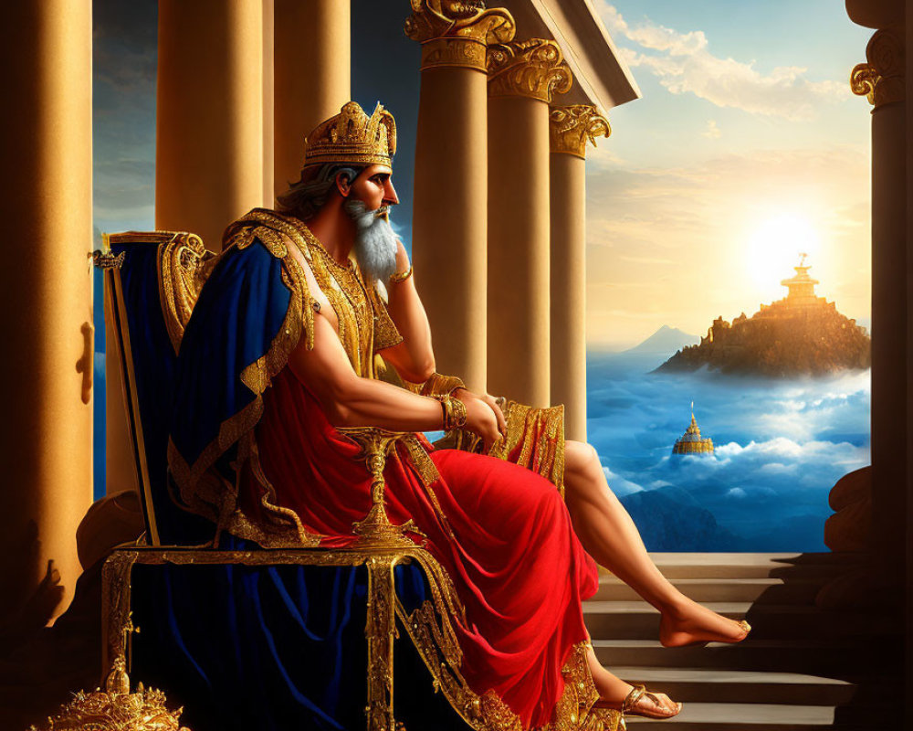 Regal figure in golden crown on throne gazes at mystical sunrise landscape