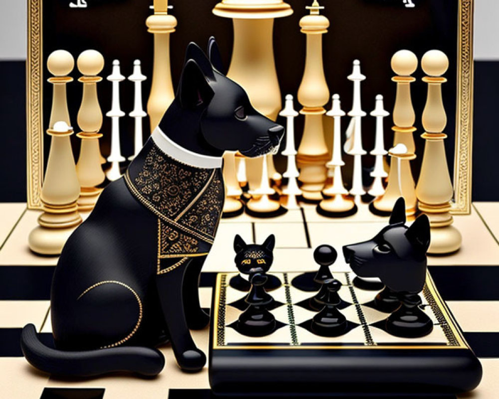 Detailed illustration of black cat with patterned collar observing chessboard with miniature cat pieces and oversized chess pieces