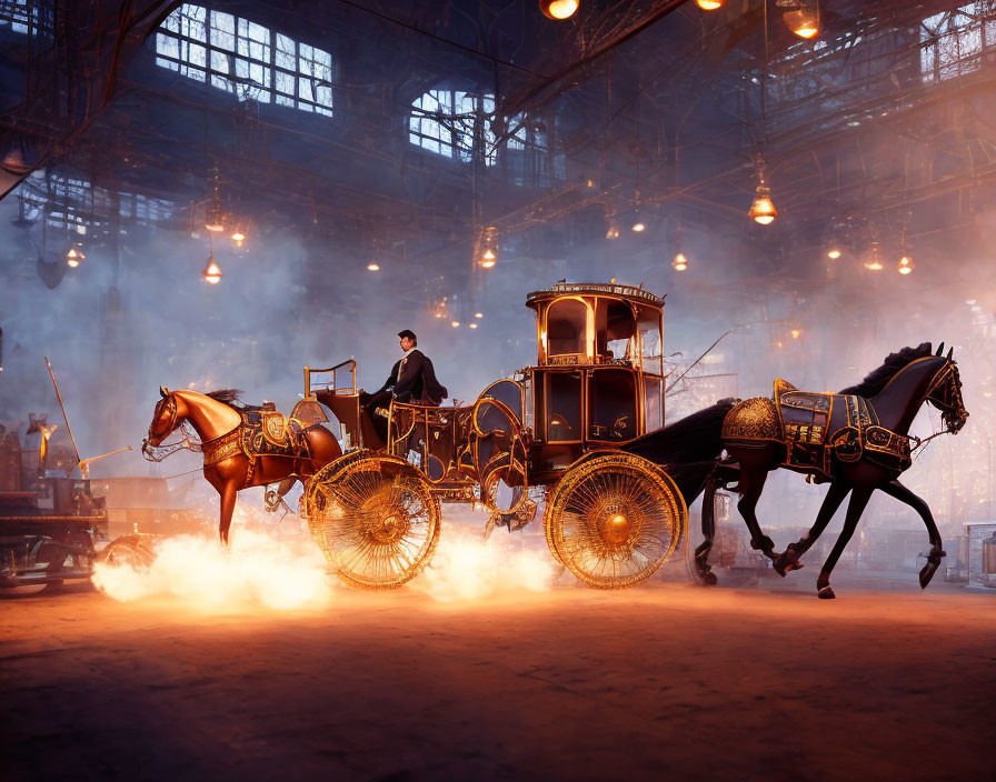 Steampunk-style carriage with mechanical horse in dramatic scene