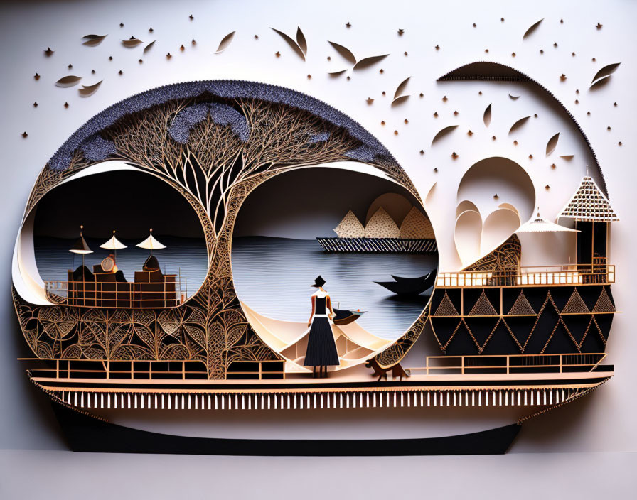 Circular Yin-Yang Paper Art Sculpture with Trees, Water, Figure, and Architecture