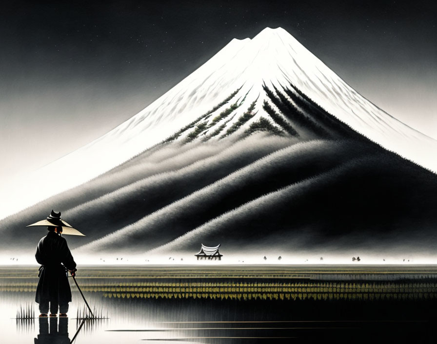 peasant in front of mount Fuji