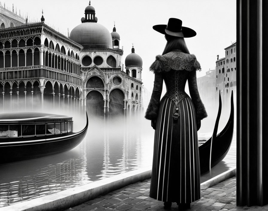 Vintage Attire Figure by Misty Venice Canal and Gondolas