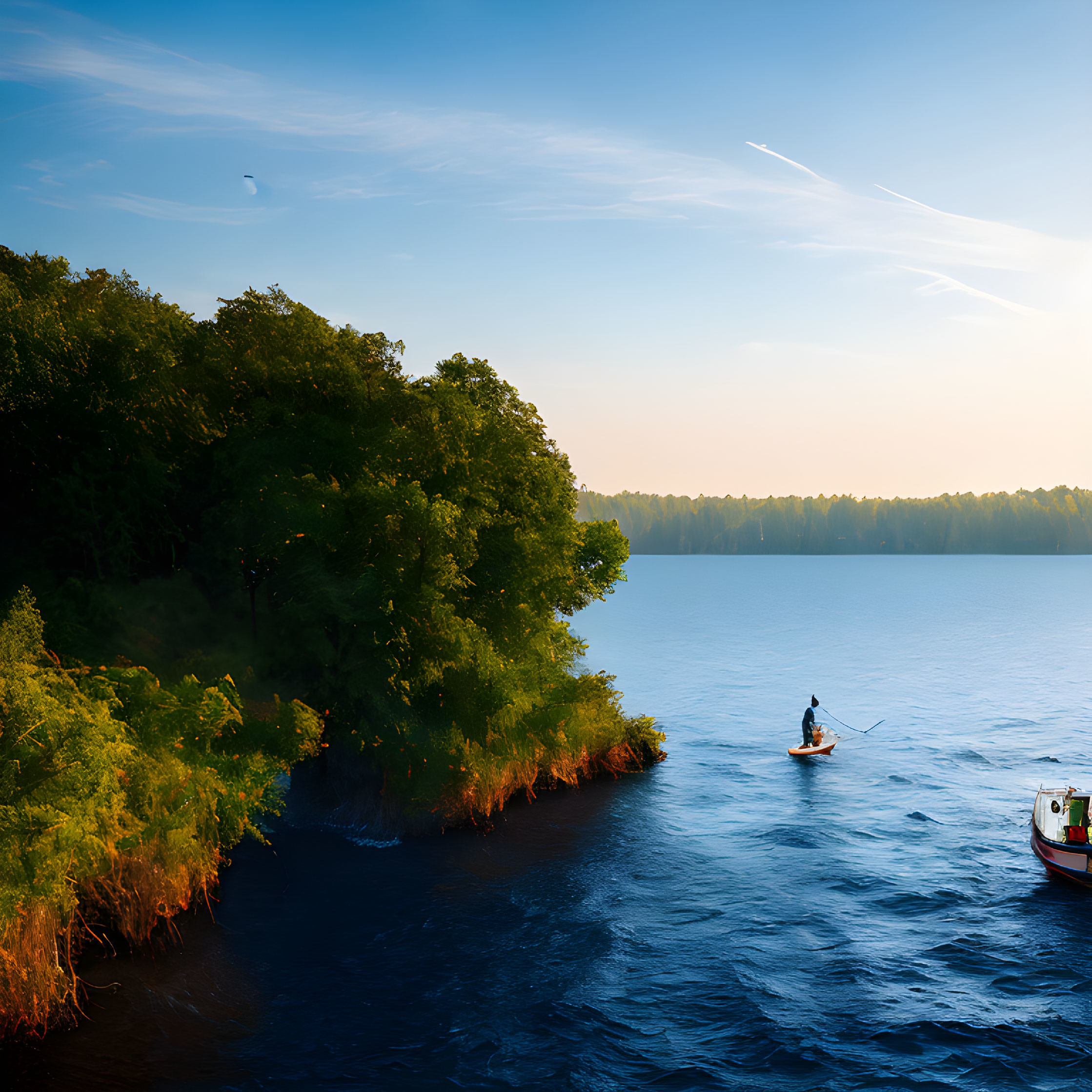 Tranquil sunrise lake scene with kayaker and boat, forested shoreline