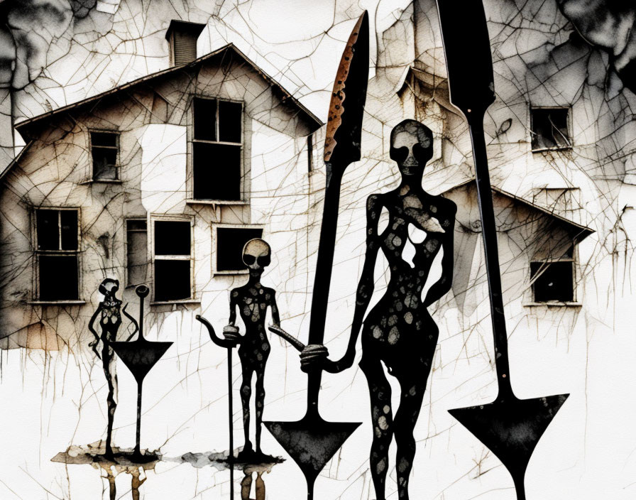 Surreal artwork: Silhouetted figures with elongated limbs and alien-like heads holding spe