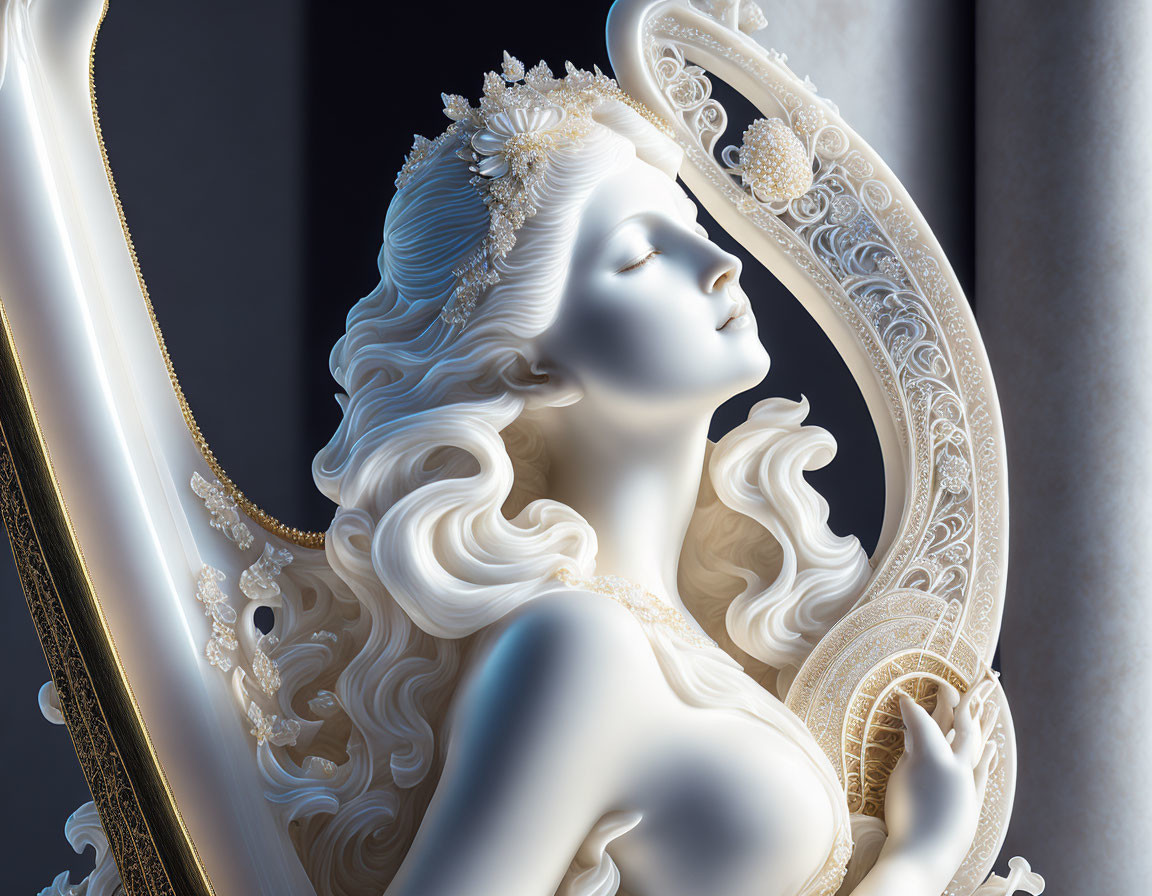 Serene figure with white hair in ornate attire against dark backdrop