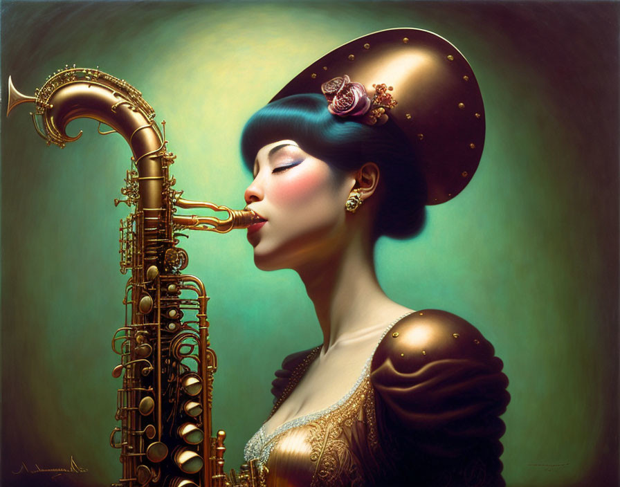 Illustrated woman playing saxophone in vintage attire