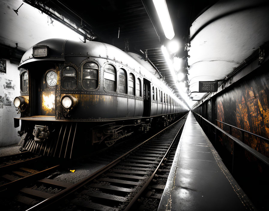 Vintage subway train at dimly-lit station with graffiti and shining lights.