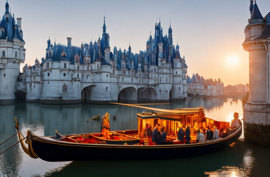 Boat with passengers on river at sunset near Château de Chambord