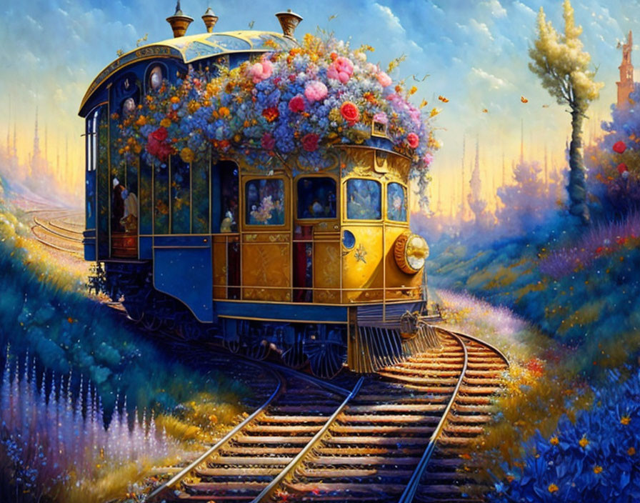 a golden toy train is blocked by flowers
