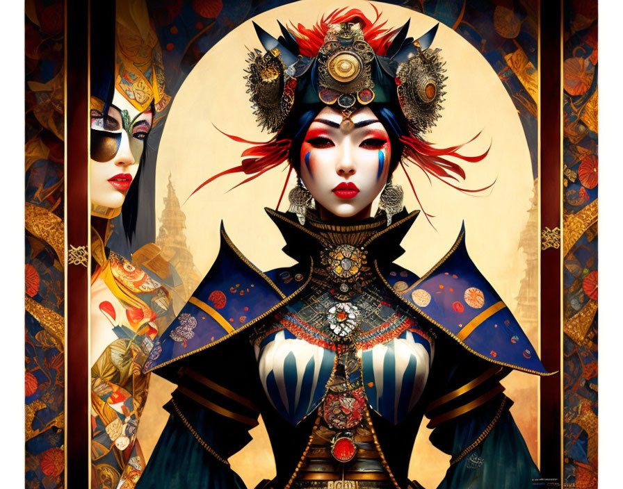 Vibrant Asian-inspired female warrior art with elaborate armor and headdress