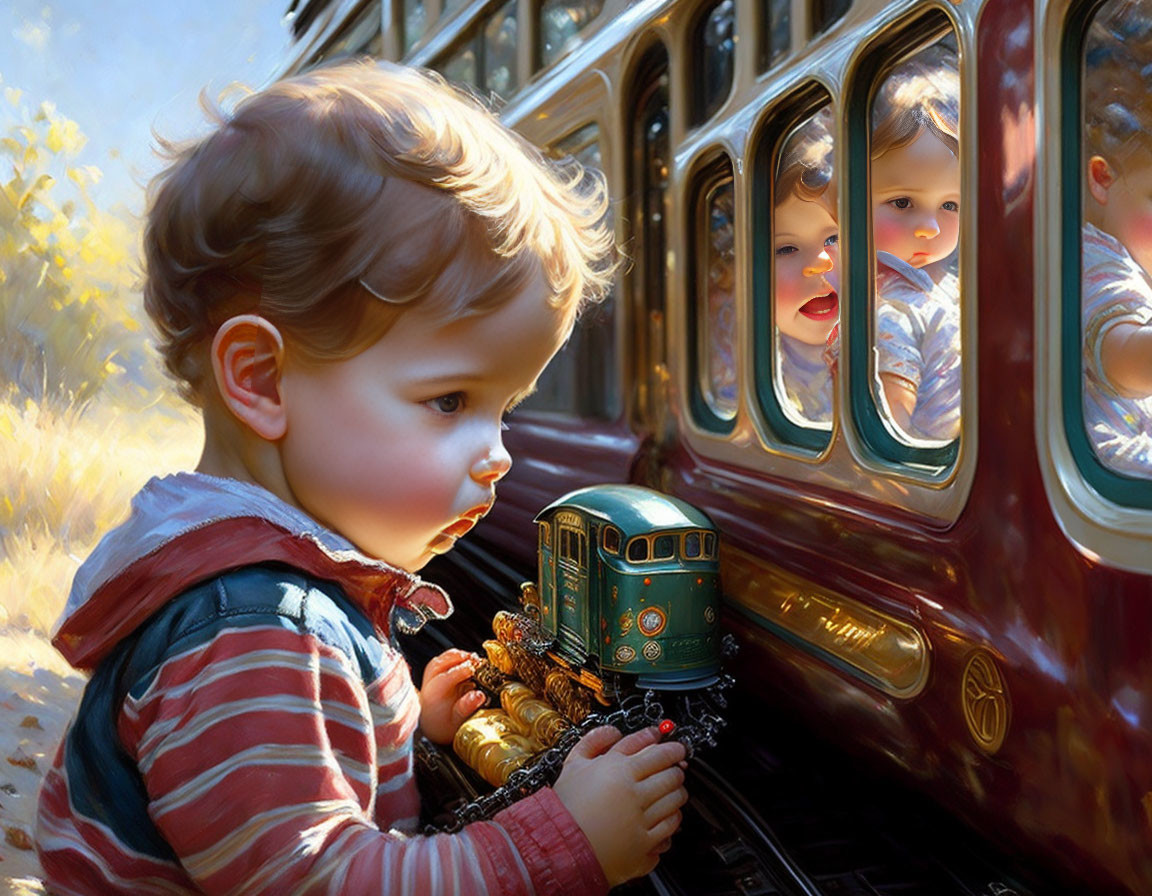 a child plays with a toy train