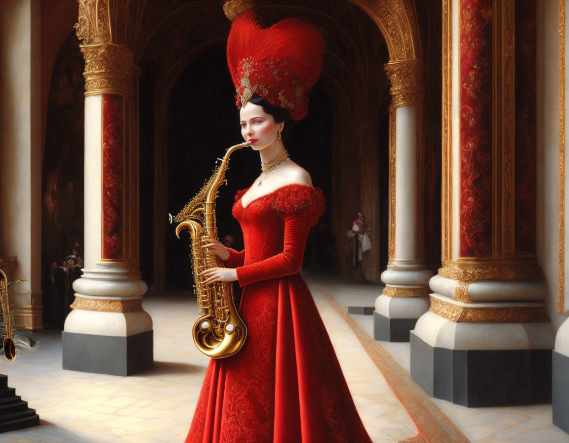Woman in ornate red dress holding saxophone in elegant hall