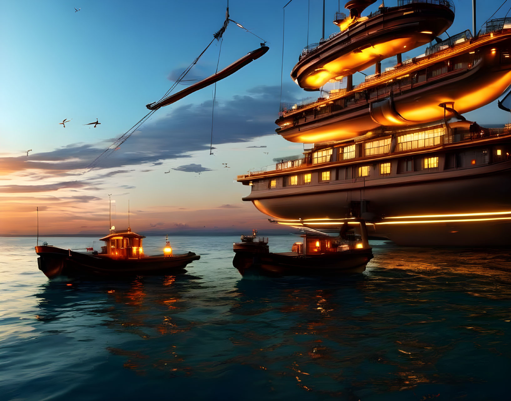 Traditional boats near futuristic airship at sunset on water with birds and clouds
