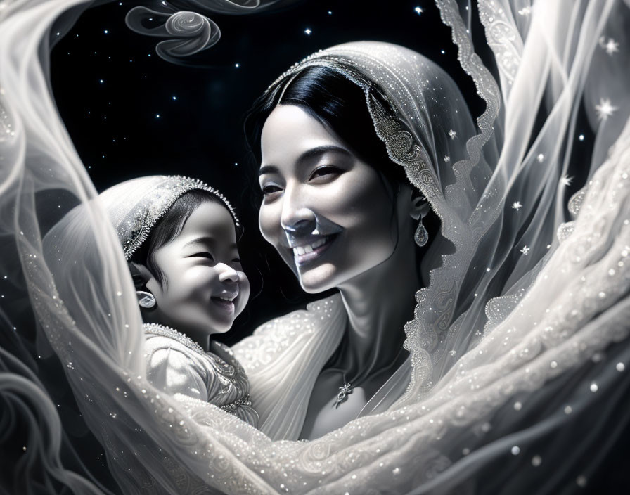 Monochromatic illustration of smiling woman and child in elegant attire with galaxy backdrop