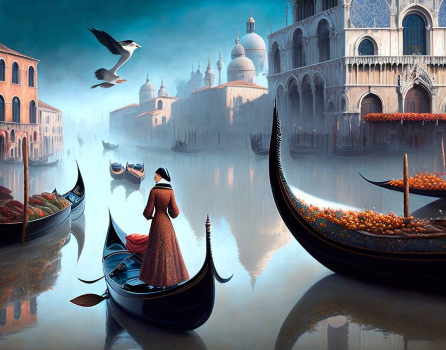 Woman in red dress on gondola in Venice-like canal scene