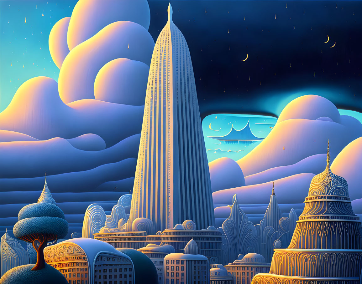 Whimsical cityscape illustration with stylized buildings under starry sky