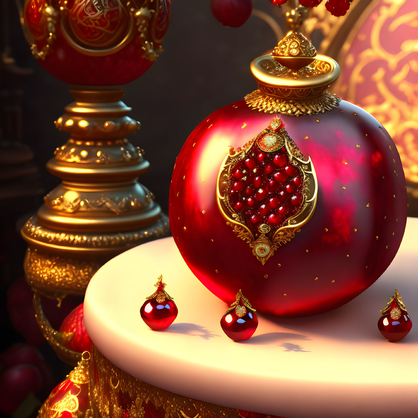 Luxurious Red and Gold Christmas Bauble with Intricate Designs on Festive Background