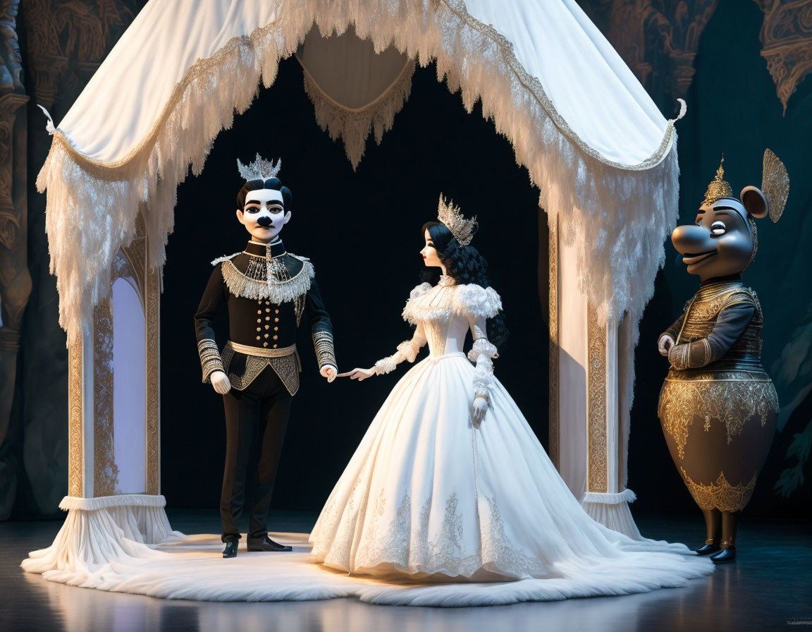 Three characters in mouse, cat, and elephant costumes on ornate stage.