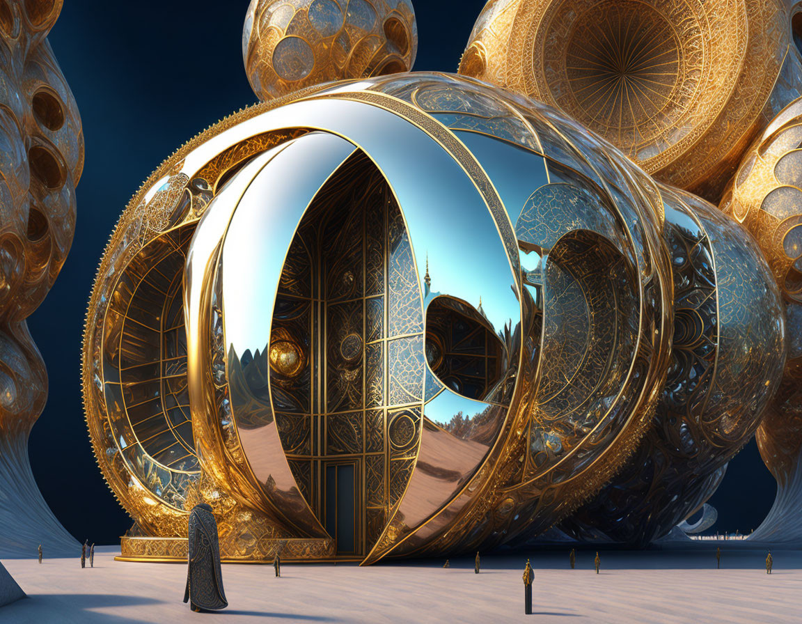 Surreal fractal landscape with golden structures and intricate patterns