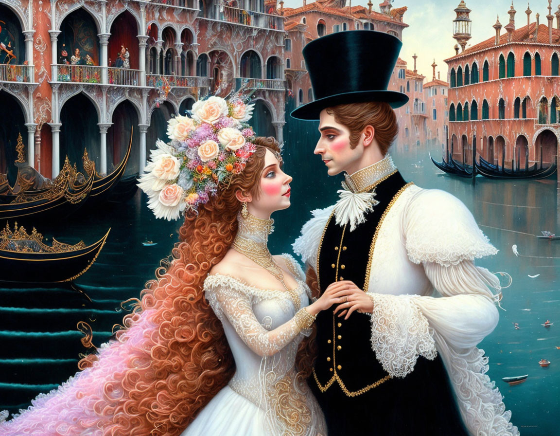 Victorian couple in elaborate costumes by Venetian canal and gondola