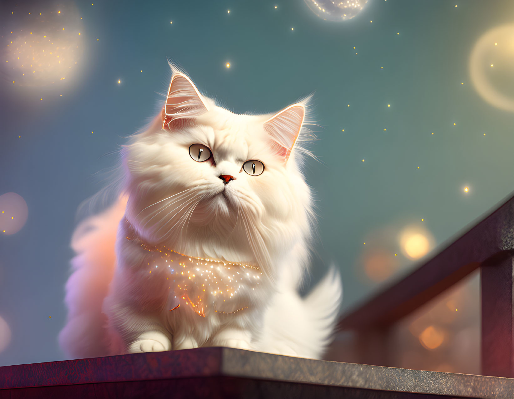 White fluffy cat with starry collar under magical night sky