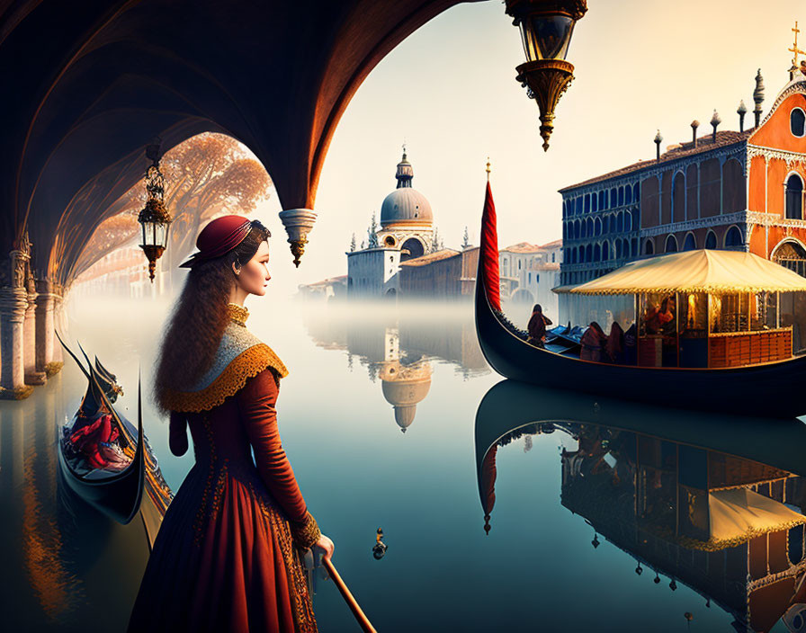 Renaissance woman in dress overlooking Venetian canal at sunset