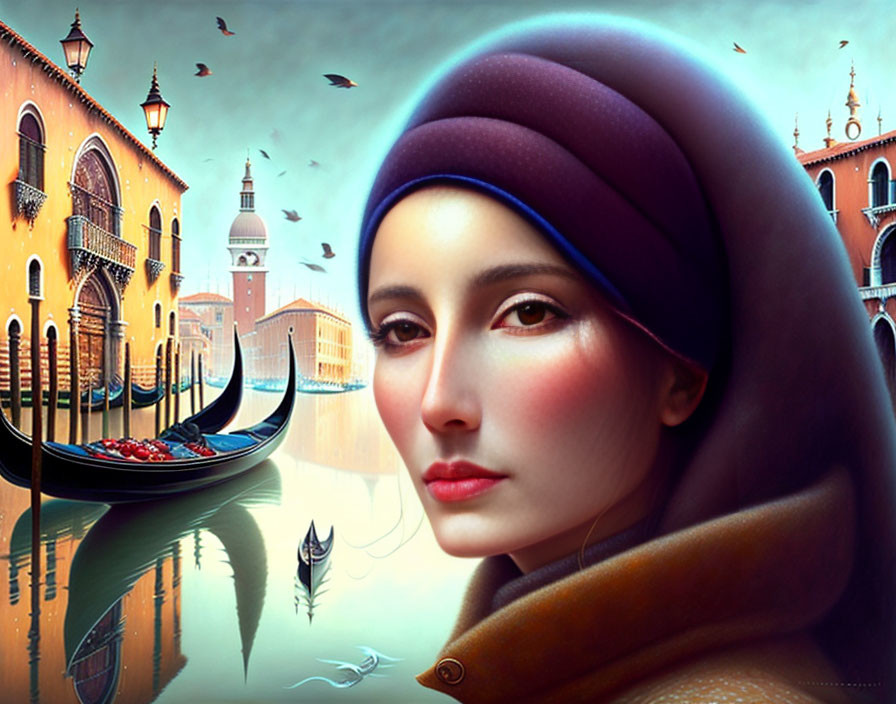 Digital artwork blending woman's face with Venetian scene, gondolas, architecture, and birds