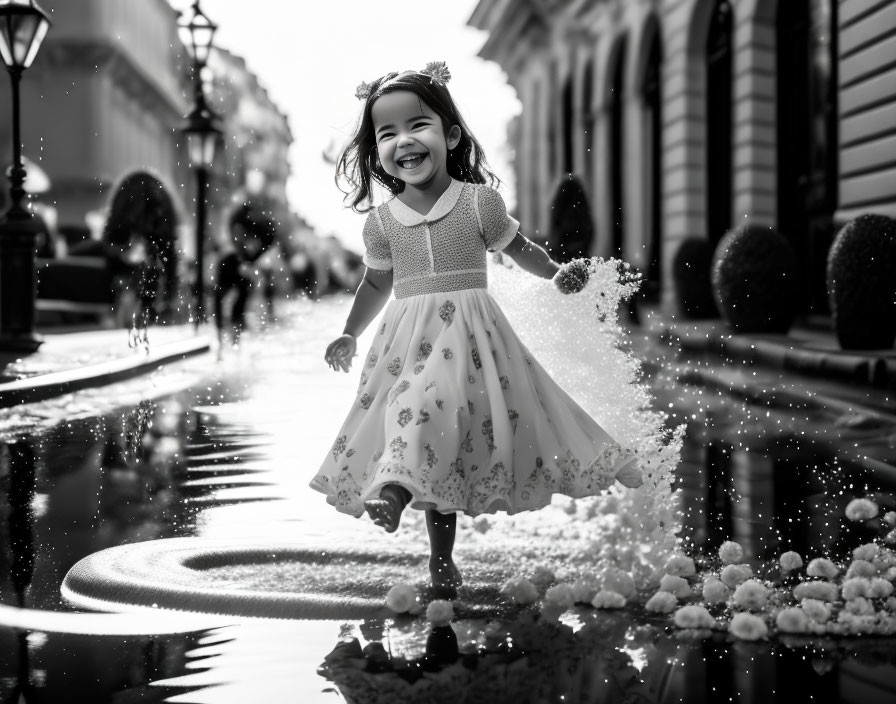 Young girl in dress playing with water on sunny city street