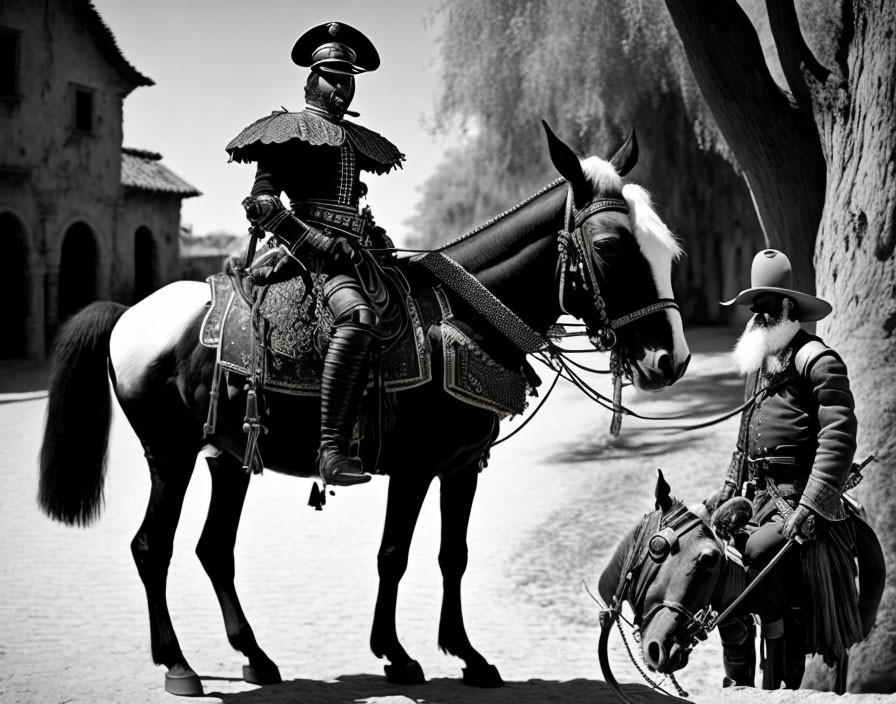 Elaborate historical armor on horseback with companion on cobblestone path