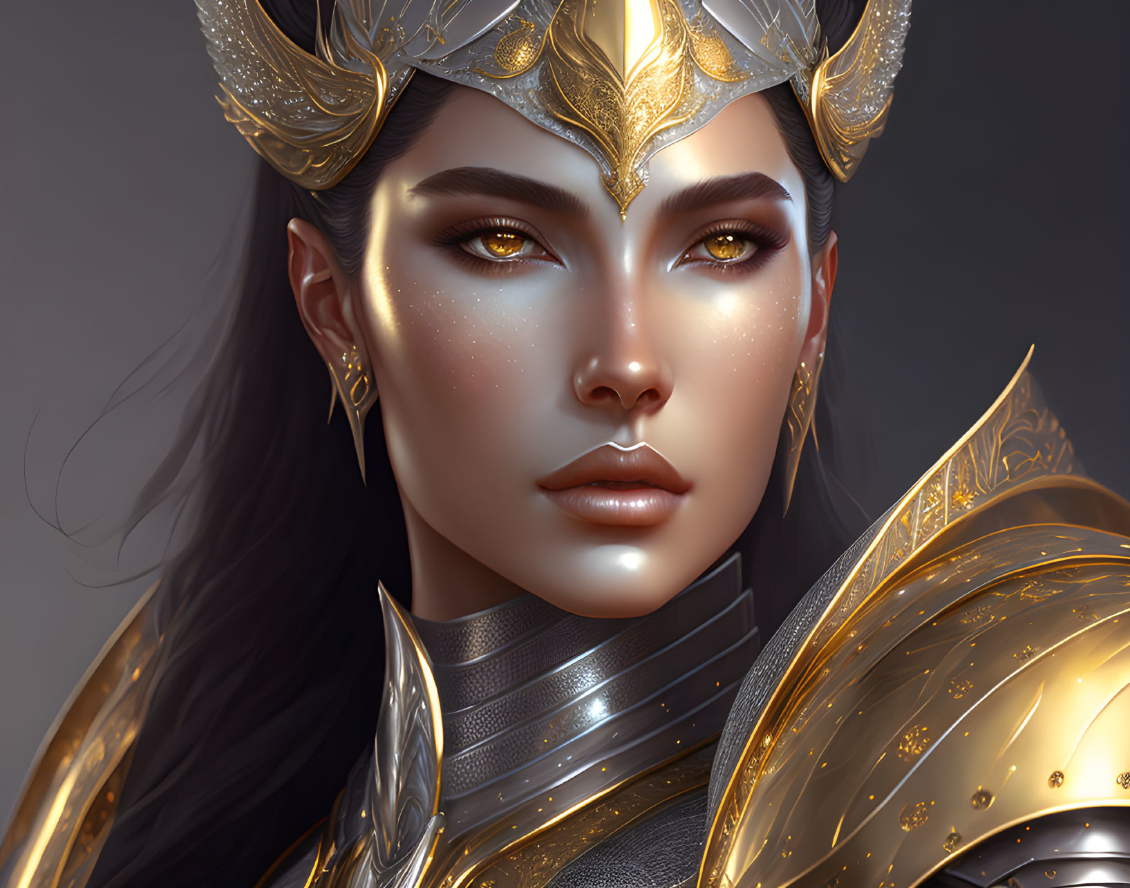 Illustrated female warrior in ornate golden armor and headdress