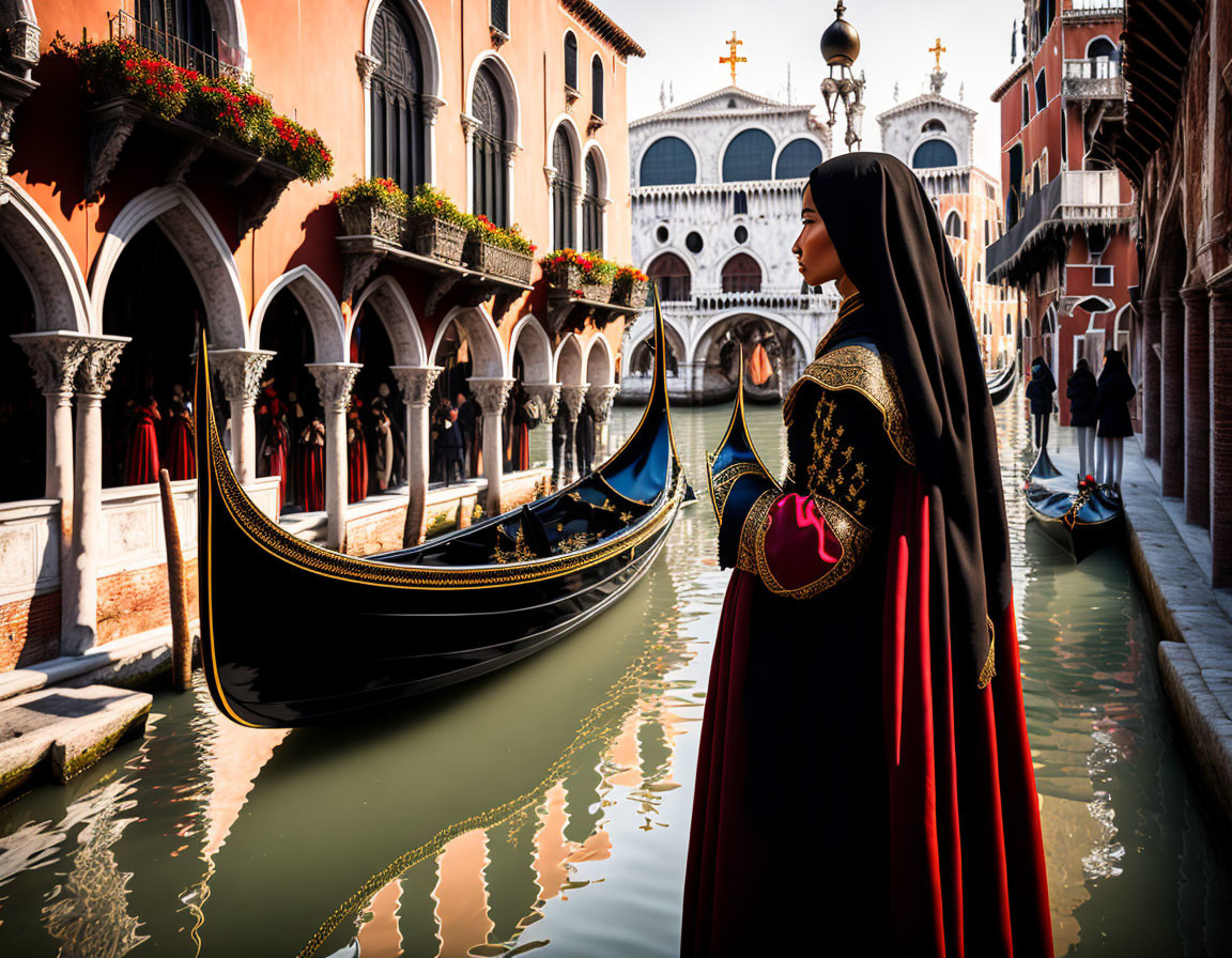 Traditional Venetian attire woman admiring gondola on canal with historic buildings