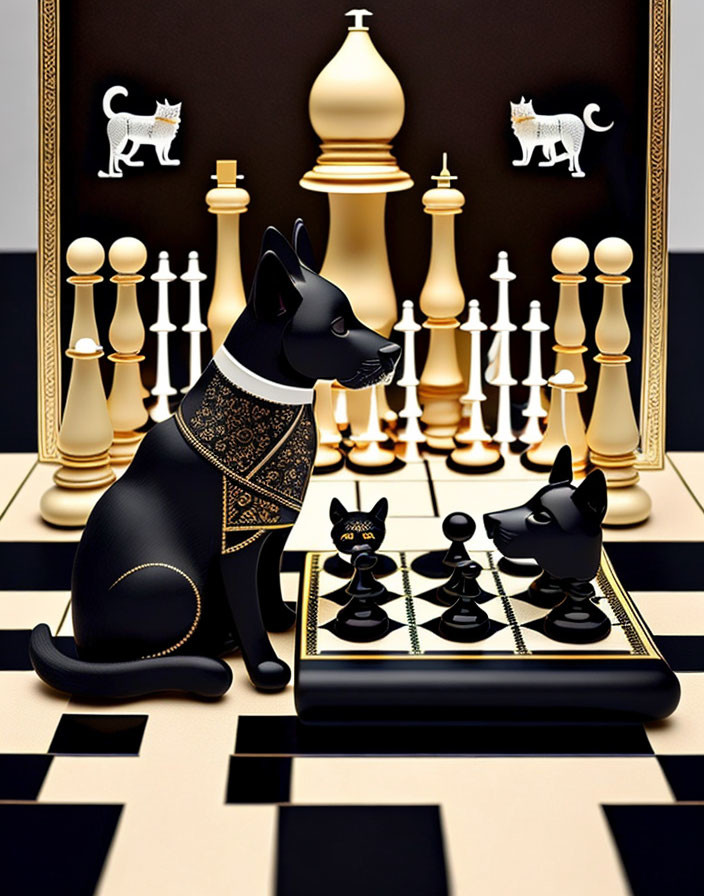 Detailed illustration of black cat with patterned collar observing chessboard with miniature cat pieces and oversized chess pieces