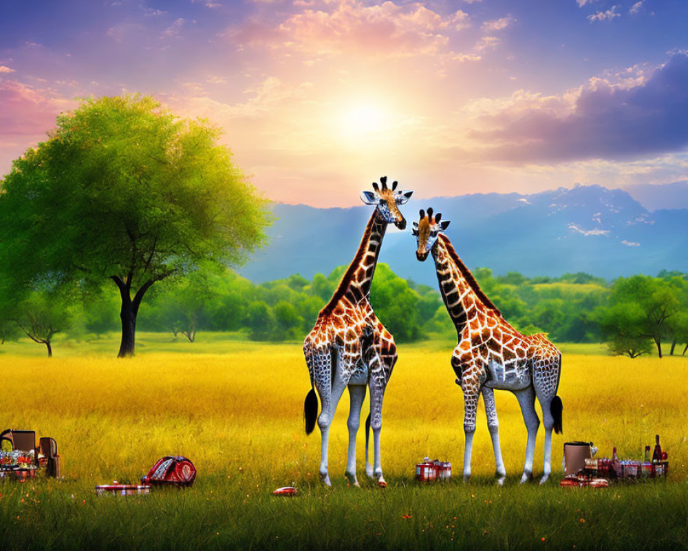 Giraffes with Intertwined Necks in Sunset Field Picnic