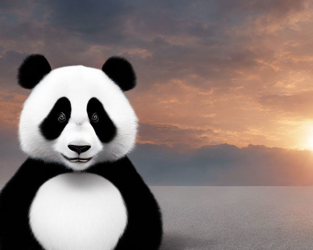 Adorable panda illustration against dramatic sunset backdrop