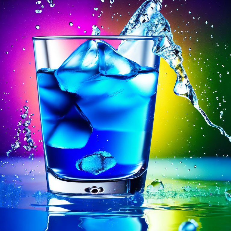 Colorful Glass of Blue Liquid with Ice Cubes on Multicolored Background