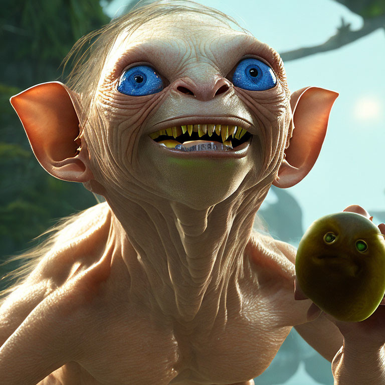 CG image of Gollum with large blue eyes and pointed ears holding a golden ring