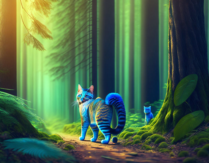 Blue-Striped Cat and Smaller Companion in Forest Scene