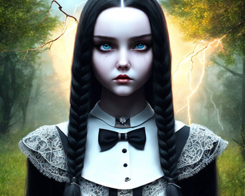 Gothic-style girl with braided black hair in black and white lace collar dress against mystical forest